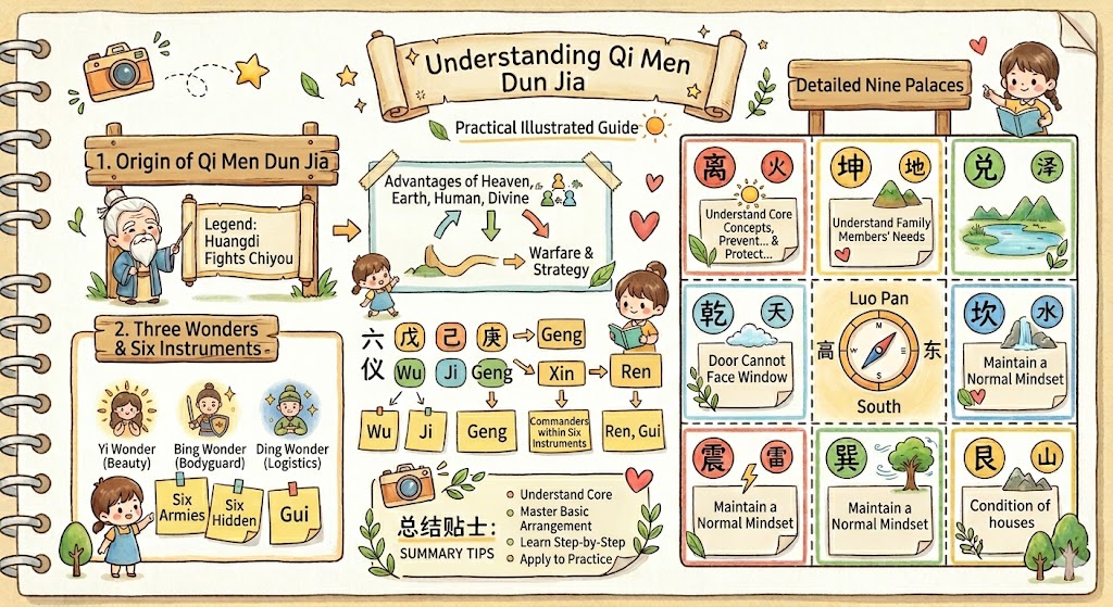 Illustrated guide to the origins, Three Wonders, Six Instruments, and Nine Palaces in Qi Men Dun Jia