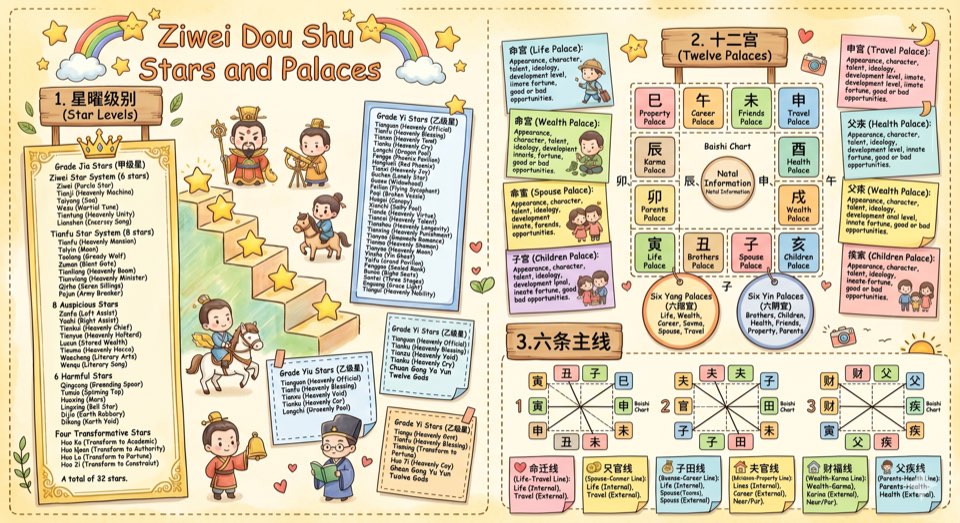 Zi Wei Dou Shu Stars and Palaces: Star Tiers, Twelve Palaces, and Six Main Lines